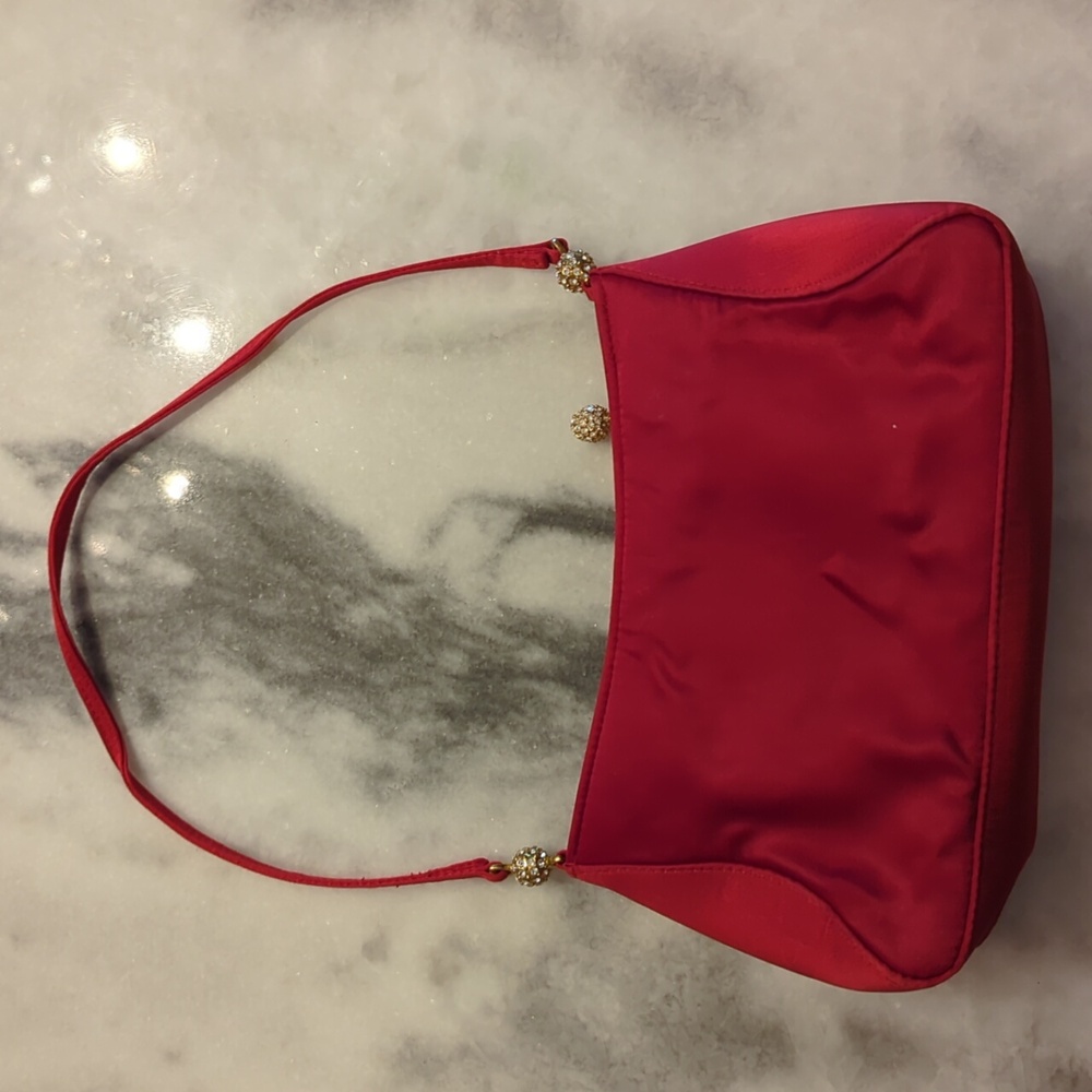 Vintage Valerie Stevens red satin Evening Bag With Jeweled Hardware - Picture 7 of 13